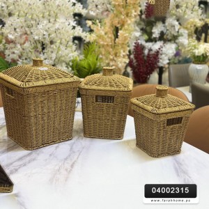 طقم سلات ديكور سلال  قش بوص ثقيل مع غطا مربع  3 قطع مقاسات 20 - 24 - 28 سم