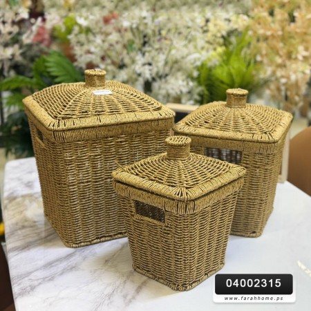 طقم سلات ديكور سلال قش بوص ثقيل مع غطا مربع 3 قطع مقاسات 20 - 24 - 28 سم طقم سلات ديكور سلال قش بوص ثقيل مع غطا مربع 3 قطع مقاسات 20 - 24 - 28 سم