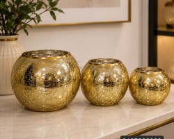 طقم مزهريات مدور زجاج مكسر مع خط ذهبي