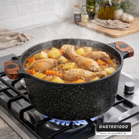 طقم طناجر الدبابة ثقيل جرانيت اسود مع غطاء زجاج وايدي خشبية 20-22-24-26-28-30