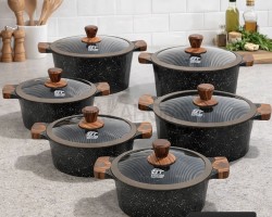 طقم طناجر الدبابة ثقيل جرانيت اسود مع غطاء زجاج وايدي خشبية 20-22-24-26-28-30