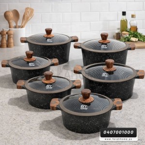 طقم طناجر الدبابة ثقيل جرانيت اسود مع غطاء زجاج وايدي خشبية 20-22-24-26-28-30