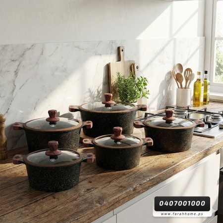 طقم طناجر الدبابة ثقيل جرانيت اسود مع غطاء زجاج وايدي خشبية 20-22-24-26-28-30