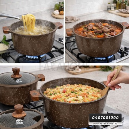 طقم طناجر الدبابة ثقيل جرانيت اسود مع غطاء زجاج وايدي خشبية 20-22-24-26-28-30