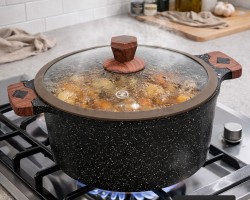 طقم طناجر الدبابة ثقيل جرانيت اسود مع غطاء زجاج وايدي خشبية 20-22-24-26-28-30