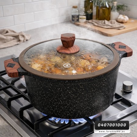 طقم طناجر الدبابة ثقيل جرانيت اسود مع غطاء زجاج وايدي خشبية 20-22-24-26-28-30