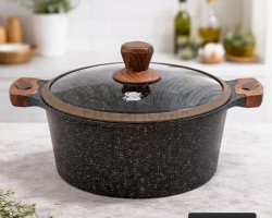 طنجرة 20 سم جرانيت ثقيلة الدبابة اسود مع غطاء زجاج وايدي خشبية