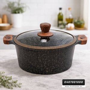 طنجرة 20 سم جرانيت ثقيلة الدبابة اسود مع غطاء زجاج وايدي خشبية
