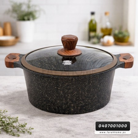 طنجرة 30 سم جرانيت ثقيلة الدبابة اسود مع غطاء زجاج وايدي خشبية