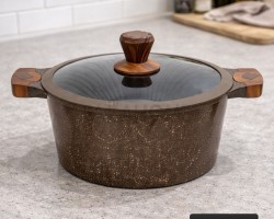 طنجرة 20 سم جرانيت ثقيلة الدبابة اسود مع غطاء زجاج وايدي خشبية