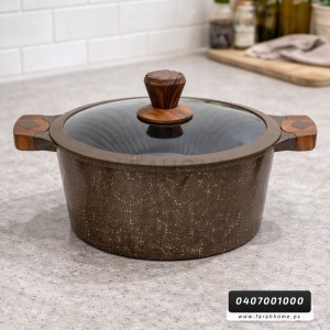 طنجرة 20 سم جرانيت ثقيلة الدبابة اسود مع غطاء زجاج وايدي خشبية