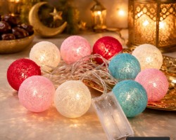 حبل كرات قطنية - طابات مضيئة تعمل بالبطارية لون ذهبي 10 كرات