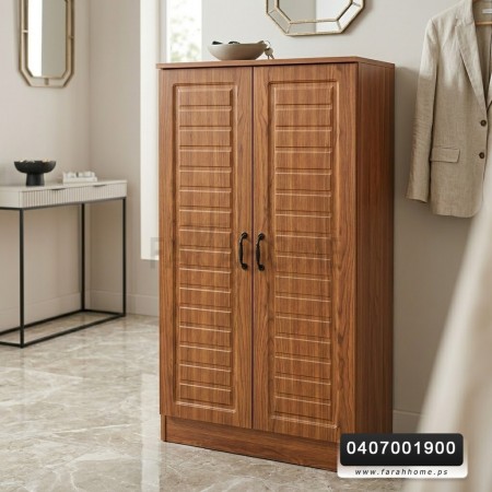 خزانة احذية خشب بابين شفط 6 رفوف لون خشبي خزانة احذية خشب بابين شفط 6 رفوف لون خشبي