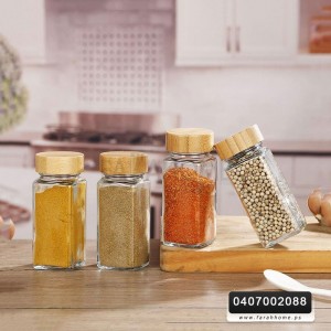 علب بهارات زجاج مع غطاء خشب بامبو علب بهارات زجاج مع غطاء خشب بامبو