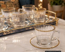 طقم كاسات شاي مع يد حز ذهبي مع استكانة 12 قطعة 6 + 6