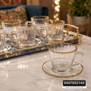 طقم كاسات شاي مع يد حز ذهبي مع استكانة 12 قطعة 6 + 6 طقم كاسات شاي مع يد حز ذهبي مع استكانة 12 قطعة 6 + 6
