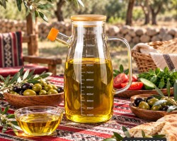 ابريق زيت زجاج مع معيار 900 مل - سعة 1لتر مع غطا بامبو