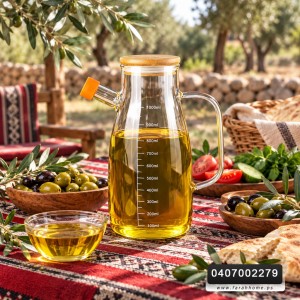 ابريق زيت زجاج مع معيار 900 مل - سعة 1لتر مع غطا بامبو