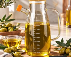 ابريق زيت زجاج مع معيار 900 مل - سعة 1لتر مع غطا بامبو
