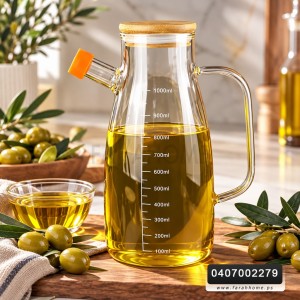 ابريق زيت زجاج مع معيار 900 مل - سعة 1لتر مع غطا بامبو