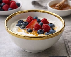 صحن شوربة - زبادي بورسلان ابيض مع حز ذهبي 7 انش