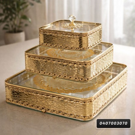 طقم مضايف معدن مذهب ارضية زجاج ١٥ - ٢٠ - ٢٥ سم