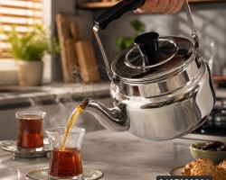 ابريق شاي تقليدي   1.5 لتر عنق عالي ستانلس مقبض اسود عظم