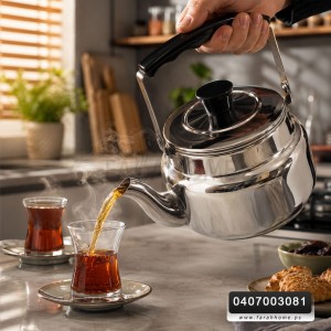 ابريق شاي تقليدي   1.5 لتر عنق عالي ستانلس مقبض اسود عظم