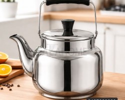 ابريق شاي تقليدي   3 لتر عنق عالي ستانلس مقبض اسود عظم