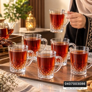 طقم ماج  زجاج  / كاسة شاي نسكافيه 6 قطع شفاف ملس قاعدة مضلع يد مستطيل BLINKMAX 