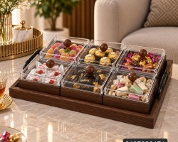 مضيفة / حافظة مكسرات / بهارات / كاندي خشب بامبو بني 6 علب زجاج غطا خشبي