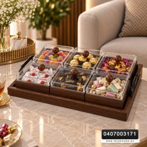 مضيفة / حافظة مكسرات / بهارات / كاندي خشب بامبو بني 6 علب زجاج غطا خشبي