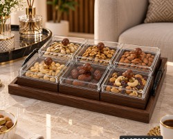 مضيفة / حافظة مكسرات / بهارات / كاندي خشب بامبو بني 6 علب زجاج غطا خشبي
