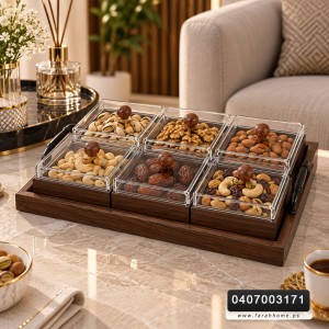 مضيفة / حافظة مكسرات / بهارات / كاندي خشب بامبو بني 6 علب زجاج غطا خشبي