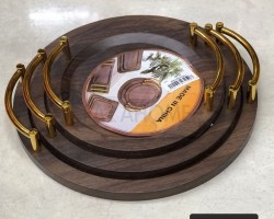 طقم صواني خشب بامبو بني ثقيل مدور حفة صغيرة مع يد ذهبي 3 قطع  40 سم - 35 سم - 30 سم