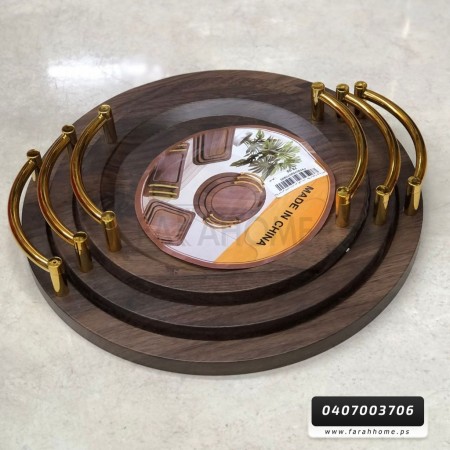 طقم صواني خشب بامبو بني ثقيل مدور حفة صغيرة مع يد ذهبي 3 قطع  40 سم - 35 سم - 30 سم