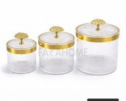 طقم سكريات شكل اسطوانة اكريليك محزز شفاف اطار ذهبي مع غطاء يد ذهبية 3 قطع