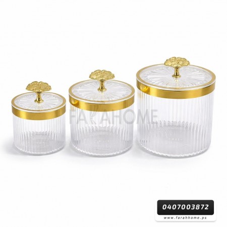 طقم سكريات شكل اسطوانة اكريليك محزز شفاف اطار ذهبي مع غطاء يد ذهبية 3 قطع