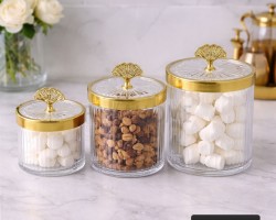 طقم سكريات شكل اسطوانة اكريليك محزز شفاف اطار ذهبي مع غطاء يد ذهبية 3 قطع