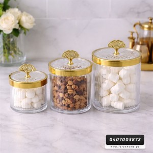 طقم سكريات شكل اسطوانة اكريليك محزز شفاف اطار ذهبي مع غطاء يد ذهبية 3 قطع