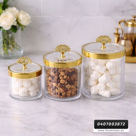 طقم سكريات شكل اسطوانة اكريليك محزز شفاف اطار ذهبي مع غطاء يد ذهبية 3 قطع
