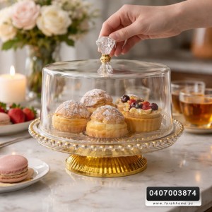 مضيفة مدور اكريليك حجم صغير اطار ذهبي مع غطاء شفاف خرزة ذهبية