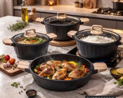 طنجرة 20 سم جرانيت ثقيل اسود مع غطاء زجاج وايدي خشبية