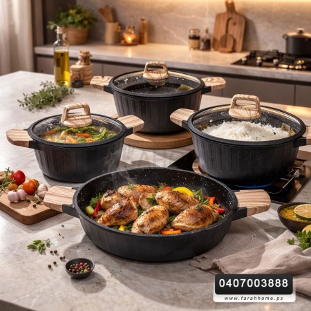 طقم طناجر جرانيت ثقيل اسود مع غطاء زجاج وايدي خشبية 5 قطع 20 - 24 - 28 - 32 سم + مقلى ( حيف واطي ) قياس 28 سم