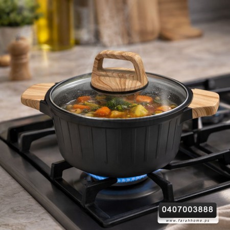 طقم طناجر جرانيت ثقيل اسود مع غطاء زجاج وايدي خشبية 5 قطع 20 - 24 - 28 - 32 سم + مقلى ( حيف واطي ) قياس 28 سم