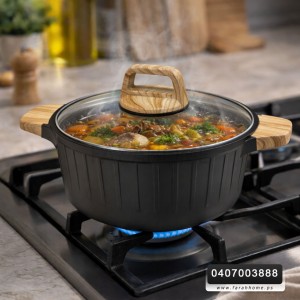 طنجرة 24 سم جرانيت ثقيل اسود مع غطاء زجاج وايدي خشبية