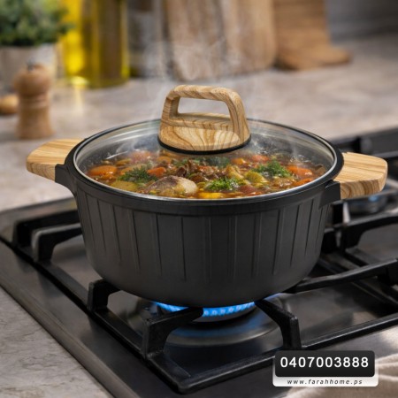 طقم طناجر جرانيت ثقيل اسود مع غطاء زجاج وايدي خشبية 5 قطع 20 - 24 - 28 - 32 سم + مقلى ( حيف واطي ) قياس 28 سم