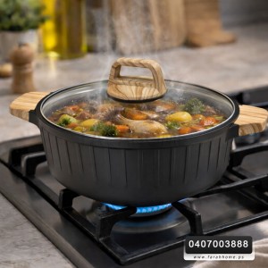 طنجرة 28 سم جرانيت ثقيل اسود مع غطاء زجاج وايدي خشبية