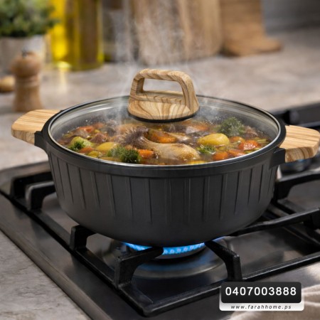 طقم طناجر جرانيت ثقيل اسود مع غطاء زجاج وايدي خشبية 5 قطع 20 - 24 - 28 - 32 سم + مقلى ( حيف واطي ) قياس 28 سم