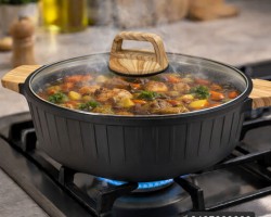 طنجرة 32 سم جرانيت ثقيل اسود مع غطاء زجاج وايدي خشبية